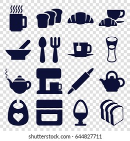 Breakfast icons set. set of 16 breakfast filled icons such as bowl, baby bid, fork and spoon, teapot, cream, milk glass, bread slices, coffee and croissant, croissant, tea