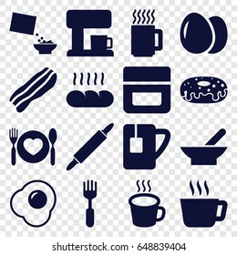Breakfast icons set. set of 16 breakfast filled icons such as bowl, egg, cream, donut, fork, cereal, plate with spoon and fork, tea cup, cup, bacon, bread, dough pin