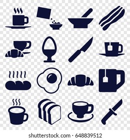 Breakfast icons set. set of 16 breakfast filled icons such as bowl, tea cup, bread slices, coffee and croissant, coffee cup, croissant, cereal, cup, tea, bacon, egg, bread