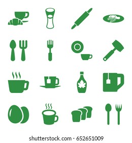 Breakfast icons set. set of 16 breakfast filled icons such as egg, fork and spoon, dish, tea cup, maple syrup, milk glass, coffee and croissant, fried egg and bacon, fork, cup