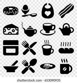 Breakfast icons set. set of 16 breakfast filled icons such as bowl, cheese, baby bid, teapot, cream, coffee, donut, coffee cup, boiled egg, fried egg and bacon, fork and spoon