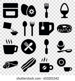 Breakfast icons set. set of 16 breakfast filled icons such as cream, dish, wrap sandwich, donut, tea cup, boiled egg, spoon, fork, spoon and fork, cereal, easter egg, coffee