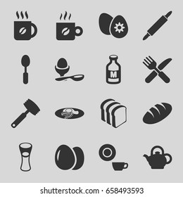 Breakfast icons set. set of 16 breakfast filled icons such as egg, bread, dish, coffee, milk glass, bread slices, boiled egg, fork and knife, spoon, milk, teapot, dough pin