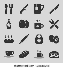 Breakfast icons set. set of 16 breakfast filled icons such as egg, cheese, bread, baby bid, fork and spoon, maple syrup, tea cup, fork and knife, cup, easter egg, coffee