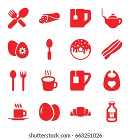 Breakfast icons set. set of 16 breakfast filled icons such as egg, baby bib, wrap sandwich, donut, tea cup, croissant, fork and spoon, spoon, milk, cup, easter egg