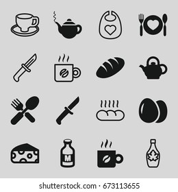 Breakfast icons set. set of 16 breakfast filled and outline icons such as egg, cheese, bread, teapot, fork and spoon, milk, plate with spoon and fork, coffee, knife, baby bid
