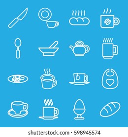 breakfast icons set. Set of 16 breakfast outline icons such as bowl, bread, baby bid, dish, coffee cup, fried egg and bacon, spoon, cup, tea, teapot, coffee, egg, knife