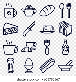 Breakfast icons set. set of 16 breakfast outline icons such as bowl, bread, coffee, maple syrup, milk glass, bread slices, coffee and croissant, fork, tea, teapot, bacon, egg