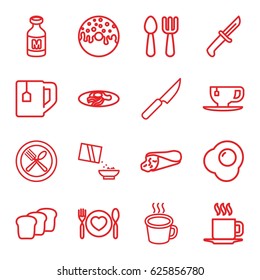 Breakfast icons set. set of 16 outline icons such as fork and spoon, wrap sandwich, donut, tea cup, fried egg and bacon, milk, cereal, bread, knife