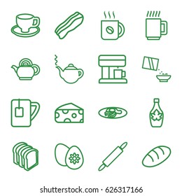 Breakfast icons set. set of 16 breakfast outline icons such as cheese, bread, teapot, coffee, maple syrup, bread slices, coffee cup, fried egg and bacon, cereal, tea cup