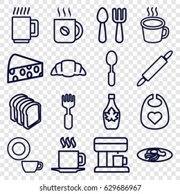 Breakfast icons set. set of 16 breakfast outline icons such as baby bid, fork and spoon, dish, coffee, maple syrup, bread slices, croissant, fried egg and bacon, spoon, fork