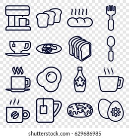 Breakfast icons set. set of 16 breakfast outline icons such as donut, maple syrup, tea cup, bread slices, fried egg and bacon, spoon, fork, cup, easter egg, coffee, bread, egg