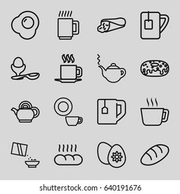 Breakfast icons set. set of 16 breakfast outline icons such as bread, teapot, dish, wrap sandwich, donut, tea cup, boiled egg, cereal, cup, easter egg, egg, mug