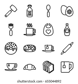 Breakfast icons set. set of 16 breakfast outline icons such as baby bid, donut, tea cup, maple syrup, bread slices, croissant, spoon, fork, milk, cup, easter egg, tea
