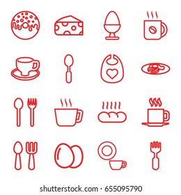 Breakfast icons set. set of 16 breakfast outline icons such as egg, cheese, baby bid, fork and spoon, dish, coffee, donut, coffee cup, fried egg and bacon, spoon, fork, cup