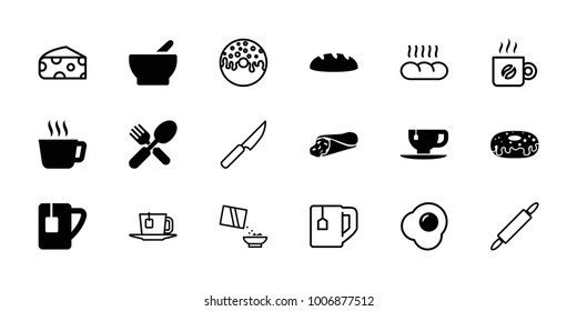 Breakfast icons. set of 18 editable filled and outline breakfast icons: tea, wrap sandwich, donut, tea cup, fork and spoon, egg, cheese, cereal, coffee, bread, dough pin