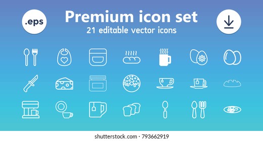 Breakfast icons. set of 21 editable outline breakfast icons includes mug, egg, cheese, baby bid, fork and spoon, cream, dish, donut, tea cup, fried egg and bacon, spoon