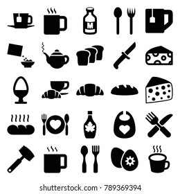 Breakfast icons. set of 25 editable filled breakfast icons such as cheese, baby bid, teapot, fork and spoon, tea cup, maple syrup, coffee and croissant, croissant, milk