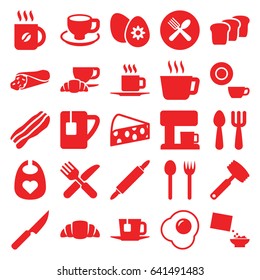 Breakfast icons set. set of 25 breakfast filled icons such as baby bid, fork and spoon, dish, coffee, wrap sandwich, coffee and croissant, croissant, cereal, tea cup, cup