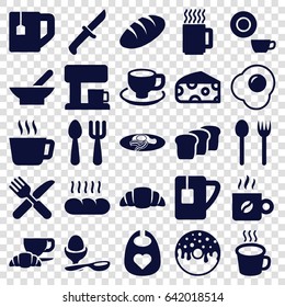 Breakfast icons set. set of 25 breakfast filled icons such as bowl, cheese, bread, baby bid, fork and spoon, dish, donut, tea cup, coffee and croissant, coffee cup, croissant