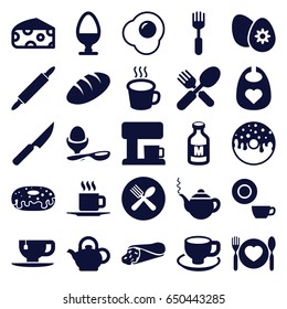 Breakfast icons set. set of 25 breakfast filled icons such as cheese, bread, baby bid, teapot, dish, wrap sandwich, donut, tea cup, coffee cup, boiled egg, fork and spoon
