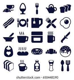 Breakfast icons set. set of 25 breakfast filled icons such as bowl, baby bid, fork and spoon, cream, donut, tea cup, milk glass, bread slices, coffee and croissant, croissant