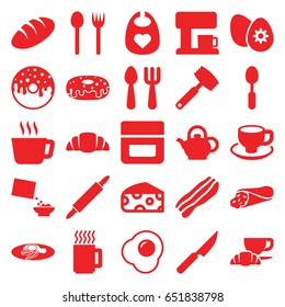 Breakfast icons set. set of 25 breakfast filled icons such as cheese, bread, baby bid, fork and spoon, cream, wrap sandwich, donut, coffee and croissant, coffee cup, croissant