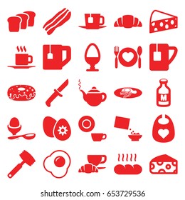 Breakfast icons set. set of 25 breakfast filled icons such as cheese, baby bid, teapot, dish, donut, tea cup, coffee and croissant, croissant, boiled egg, fried egg and bacon