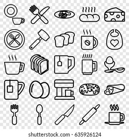 Breakfast icons set. set of 25 breakfast outline icons such as egg, cheese, baby bid, dish, coffee, wrap sandwich, donut, tea cup, bread slices, boiled egg