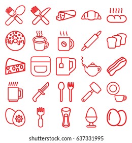 Breakfast icons set. set of 25 breakfast outline icons such as egg, teapot, cream, dish, coffee, wrap sandwich, donut, tea cup, milk glass, croissant, fork and spoon