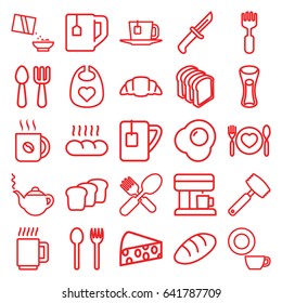 Breakfast icons set. set of 25 breakfast outline icons such as bread, baby bid, fork and spoon, teapot, dish, coffee, tea cup, milk glass, bread slices, croissant, fork