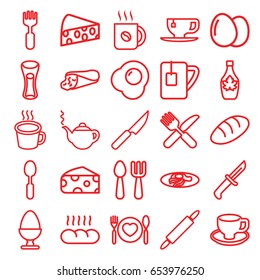 Breakfast icons set. set of 25 breakfast outline icons such as egg, cheese, bread, fork and spoon, teapot, coffee, wrap sandwich, maple syrup, tea cup, milk glass, coffee cup