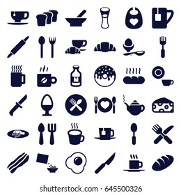 Breakfast icons set. set of 36 breakfast filled icons such as bowl, cheese, bread, baby bid, fork and spoon, teapot, dish, donut, tea cup, milk glass, coffee and croissant