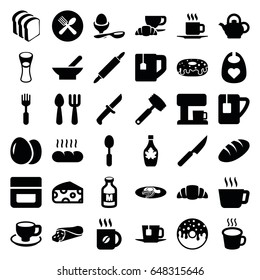 Breakfast icons set. set of 36 breakfast filled icons such as bowl, egg, cheese, bread, baby bid, fork and spoon, cream, coffee, wrap sandwich, donut, tea cup, maple syrup