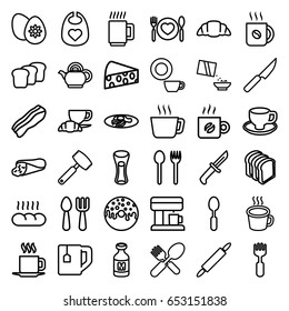 Breakfast icons set. set of 36 breakfast outline icons such as baby bid, fork and spoon, dish, coffee, wrap sandwich, donut, tea cup, milk glass, bread slices
