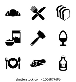 Breakfast icons. set of 9 editable filled breakfast icons such as wrap sandwich, bread slices, croissant, fork and knife, milk, plate with spoon and fork, egg, knife