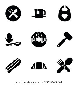 Breakfast icons. set of 9 editable filled breakfast icons such as baby bid, boiled egg, fork and spoon, spoon and fork, tea, bacon, knife, donut