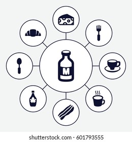 breakfast icons set. Set of 9 breakfast filled icons such as cheese, maple syrup, coffee cup, croissant, spoon, fork, milk, cup