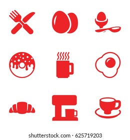 Breakfast icons set. set of 9 breakfast filled icons such as egg, donut, coffee cup, croissant, boiled egg, fork and knife, coffee machine