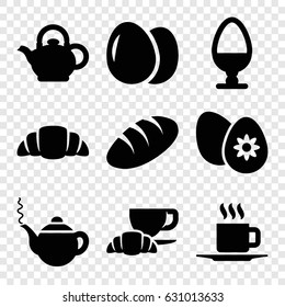 Breakfast icons set. set of 9 breakfast filled icons such as egg, bread, teapot, coffee and croissant, croissant, cup