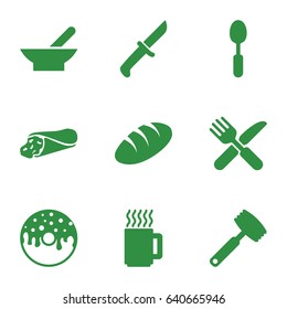 Breakfast icons set. set of 9 breakfast filled icons such as bowl, bread, wrap sandwich, donut, fork and knife, spoon, knife