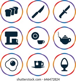 Breakfast icons set. set of 9 breakfast filled icons such as teapot, dish, tea, egg, bread, knife