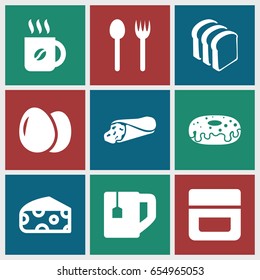 Breakfast icons set. set of 9 breakfast filled icons such as egg, cheese, cream, coffee, wrap sandwich, donut, tea cup, bread slices