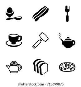 Breakfast icons set. set of 9 breakfast filled and outline icons such as teapot, bread slices, coffee cup, boiled egg, fork, bacon, donut