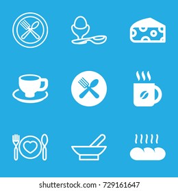 Breakfast icons set. set of 9 breakfast filled and outline icons such as cheese, coffee, coffee cup, spoon and fork, bread, bowl, boiled egg