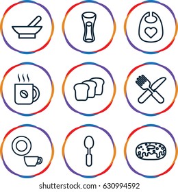 Breakfast icons set. set of 9 breakfast outline icons such as bowl, baby bid, dish, coffee, donut, milk glass, fork and knife, spoon