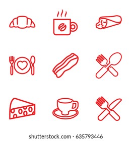 Breakfast icons set. set of 9 breakfast outline icons such as wrap sandwich, coffee cup, croissant, fork and spoon, fork and knife, plate with spoon and fork, coffee, bacon