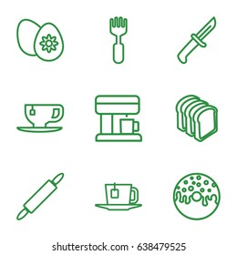 Breakfast icons set. set of 9 breakfast outline icons such as donut, tea cup, bread slices, fork, easter egg, tea, dough pin, coffee machine