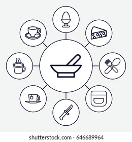 Breakfast icons set. set of 9 breakfast outline icons such as bowl, cream, coffee cup, fork and spoon, cup, tea, egg, cheese