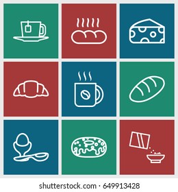 Breakfast icons set. set of 9 breakfast outline icons such as cheese, bread, coffee, donut, croissant, boiled egg, cereal